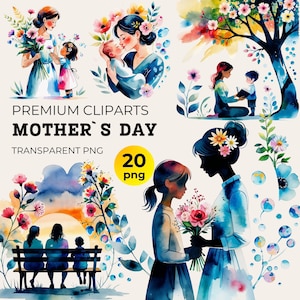 Pacote de clipart para o Dia das Mães, a melhor arte em aquarela para cartões de Dia das Mães, download digital de PNG para adesivos, designs de silhuetas para mães e filhos