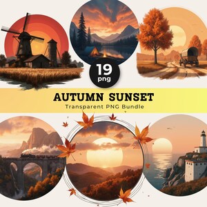 May include: A digital collection of 19 PNG files titled AUTUMN SUNSET Transparent PNG Bundle, featuring circular illustrations of windmills, mountain campsites, wagons, trains on bridges, and lighthouses with orange maple leaves.