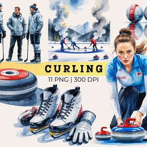 May include: Watercolor illustration of curling, featuring athletes, equipment, and action shots. The image includes curling stones, ice skates, and the word "CURRLING" in bold letters. The image is a digital art piece.