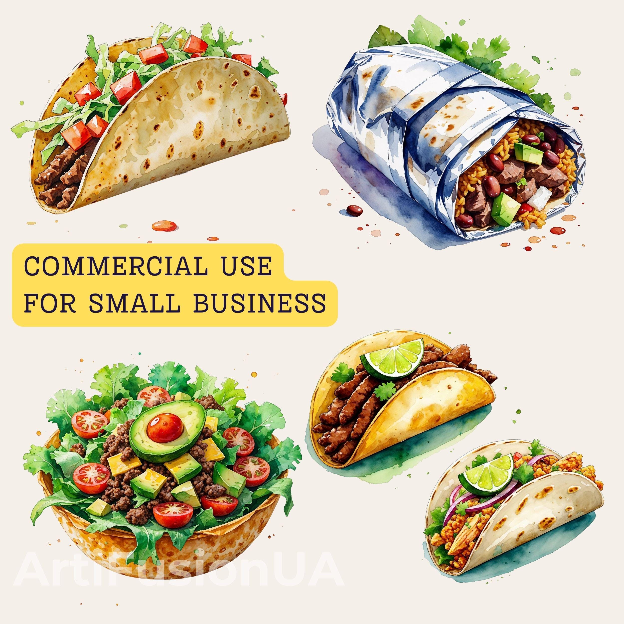 Watercolor Mexican Food Clipart: Fiesta Taco & Burrito Designs (PNG ...