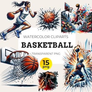 15 Aquarell Basketball Cliparts für Sublimationsdesign Handwerk & Scrapbooking, Sport Mannschaft, Basketball-Mädchen-Jungen-Liebhaber Png, Komet Basketball Png