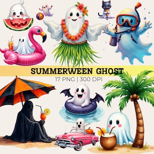 May include: A digital collection of Summerween ghost illustrations featuring various characters in tropical settings, including ghosts with watermelons, pink flamingo floats, scuba gear, hula skirts, palm trees, a pink convertible, and the text SUMMERWEEN GHOST 17 PNG 300 DPI.