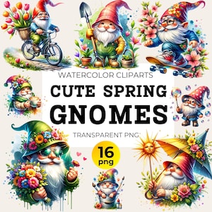 16 Watercolor Spring Gnome Clipart Set for Craft& Sublimation, Gardening Dwarf Clipart, Cute Nursery Art,Spring Gnome Images Paper Craft PNG