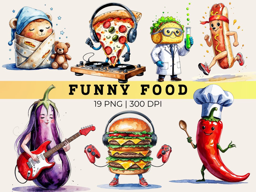Fun Food Graphics Funny Food Clipart PNG, Watercolor Junk Food Characters Bundle (digital ...