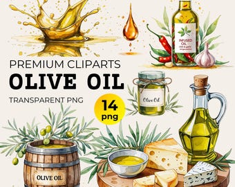 Paquete de imágenes prediseñadas de aceite de oliva en acuarela: Arte gastronómico mediterráneo (PNG)