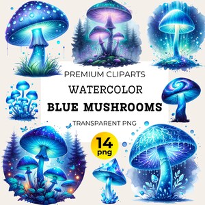 Conjunto de clipart de cogumelo azul brilhante para adesivos de artesanato de scrapbooking e sublimação, floresta mágica, floresta encantada, uso comercial, brilho suave PNG