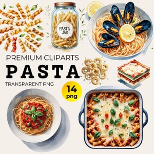 Pasta Clipart, Watercolor Italian Food PNG for Dinner Decor, Spaghetti Lasagna Illustration for Food Lover & Craft, Italian Pasta Clipart