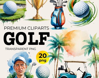 Aquarell-Golf-Cliparts: Golfer, Cart, Trophäe (PNG, digitaler Download)
