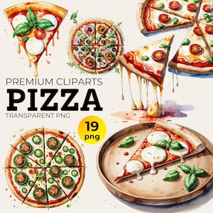 Op de afbeelding: Een set van 19 aquarel illustraties van pizzapunten en hele pizza's. De illustraties zijn in cartoon stijl en bevatten verschillende toppings, waaronder pepperoni, champignons, olijven en jalapeños. De tekst "PREMIUM CLIPARTS PIZZA TRANSPARENT PNG 19 png" wordt weergegeven op de afbeelding.