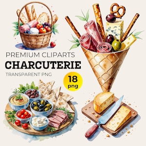 Paquete de imágenes prediseñadas de charcutería en acuarela: Tabla de quesos y carnes PNG (descarga digital)