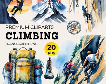 May include: A set of 20 watercolor illustrations of climbing equipment and people climbing. The illustrations include a backpack, a rope, a carabiner, a mountain, and people climbing. The illustrations are in a watercolor style and are perfect for use in scrapbooking, card making, and other craft projects.