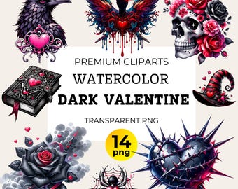 Ensemble de cliparts gothiques pour la Saint-Valentin : coeur squelette effrayant PNG (téléchargement numérique)