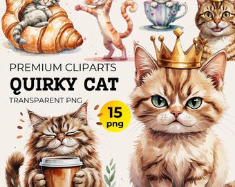 Quirky Kitten Clipart PNG: Whimsical Cat Illustrations (Digital Download)