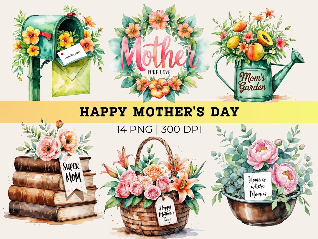 Happy Mother's Day Watercolor Floral Clipart Bundle (14 PNG) - Etsy