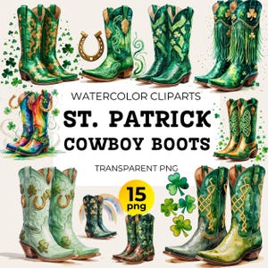 Giorno di San Patrizio PNG Western Coastal Cowgirl PNG Clipart, Stivali Paillettes Western Irish Boots Clipart, Shamrock Boots PNG, Lucky Cowboy Boots