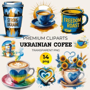 Pacote de clipart de café ucraniano, aquarela de paz ucraniana PNG para cartão postal de sublimação, arte aconchegante de expresso e adesivo de apoio à Ucrânia PNG