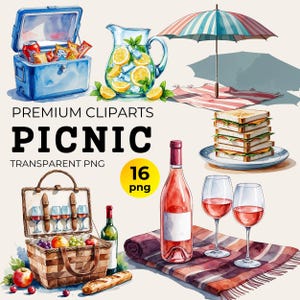 Picnic Clipart Bundle, Watercolor Picnic Basket & Blanket PNG for Spring Crafts, BBQ Picnic FoodCamping Decorations, Perfect for DIY Project