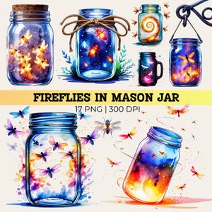 Op de afbeelding: Waterverfillustraties van weckpotten gevuld met vuurvliegjes. De potten hebben verschillende vormen en maten, met verschillende dekselstijlen en decoratieve elementen. De tekst "FIREFLIES IN MASON JAR" is zichtbaar. De afbeelding bevat kleurrijke vuurvliegjes en libellen.