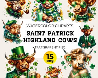 St Patrick Watercolor Highland Cow Calf Clipart, St Patricks Day PNG For Sublimaton Craft, Leprechaun Hat PNG,Irish Clipart, Clover Shamrock