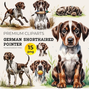 Deutsch Kurzhaariger Pointer Clipart Bundle für Sublimation & Craft, Aquarell Hunderasse PNG, Pointer Hund Liebhaber Mama Papa Geschenk Clipart, Welpe