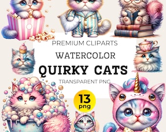 Quirky Kitten Clipart: Whimsical Cat PNG Graphics (13 Files)