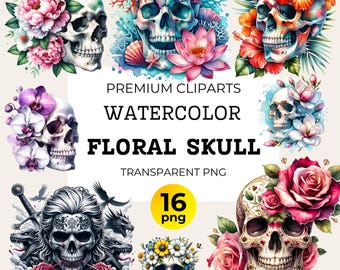 May include: Watercolor floral skull clip art set. The image features a collection of 16 PNG images of skulls decorated with flowers, including roses, orchids, and hibiscus. The text reads "Premium Cliparts, Watercolor, Floral Skull, Transparent PNG".
