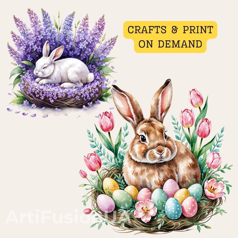 Watercolor Bunny Floral Clipart Bundle, Spring Nest Graphics (16 PNG ...
