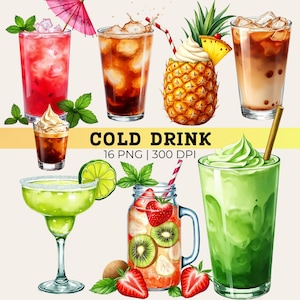 Summer Cold Drinks Clipart PNG Bundle, Iced Coffee & Cocktail Graphics