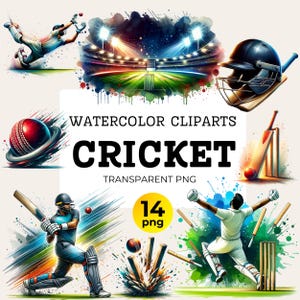 Zestaw akwarelowych krykieta Clipart do sublimacji i scrapbookingu, Miłośnik krykieta sportowego PNG, Clipart piłki, Gracz w krykieta PNG, Pobieranie cyfrowe
