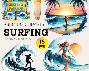 Watercolor Surfing Clipart Bundle: Summer Beach Designs (PNG Digital Download)