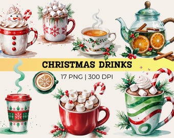 Weihnachtsgetränke Clipart-Set | Aquarell gemütliche Kakao & Kaffee Tee PNG | Digitaler Download