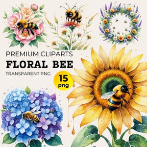 Floral Bee Clipart Bundle, Watercolor Honeybee & Wildflower Sunflower Art PNG for Spring Crafts, Cottagecore Designs Cute Summer DIY Project