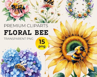 May include: A set of 15 watercolor illustrations featuring bees and flowers. The illustrations include a bee on a sunflower, a bee on a hydrangea, a bee on a pink flower, and a bee in a wreath of lavender and wildflowers. The illustrations are perfect for adding a touch of nature to your designs.