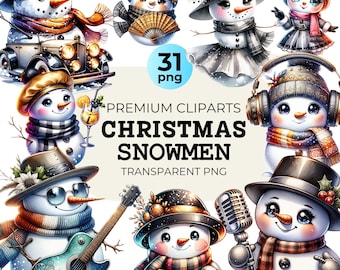 Snowman Clipart Bundle, Black and Gold Christmas PNG (Digital Download)