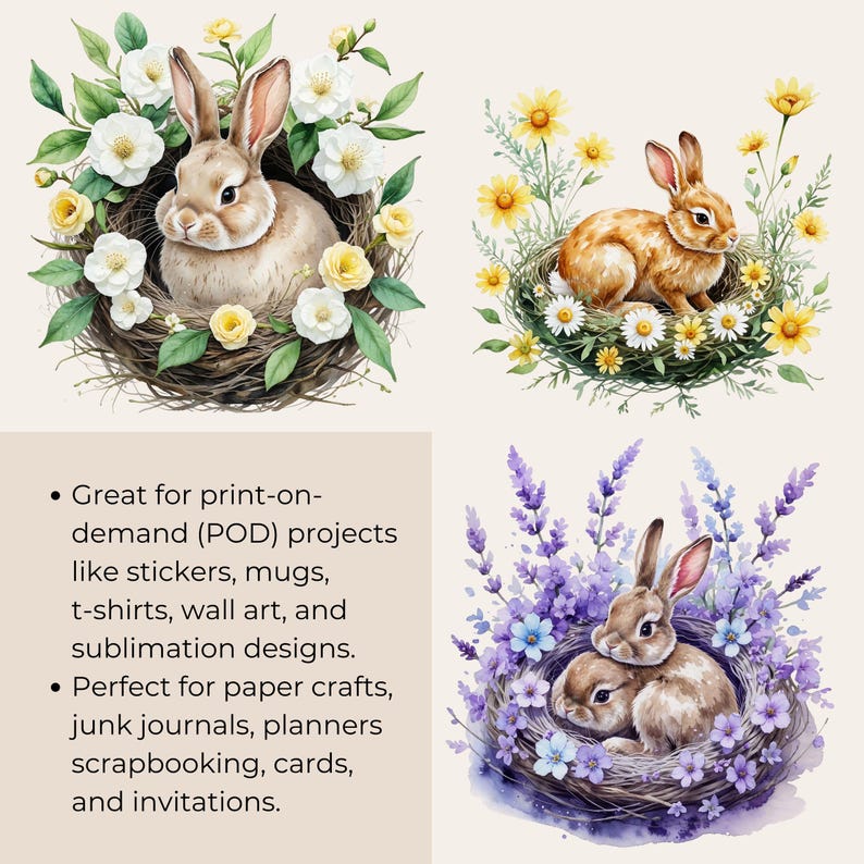 Watercolor Bunny Floral Clipart Bundle, Spring Nest Graphics (16 PNG ...