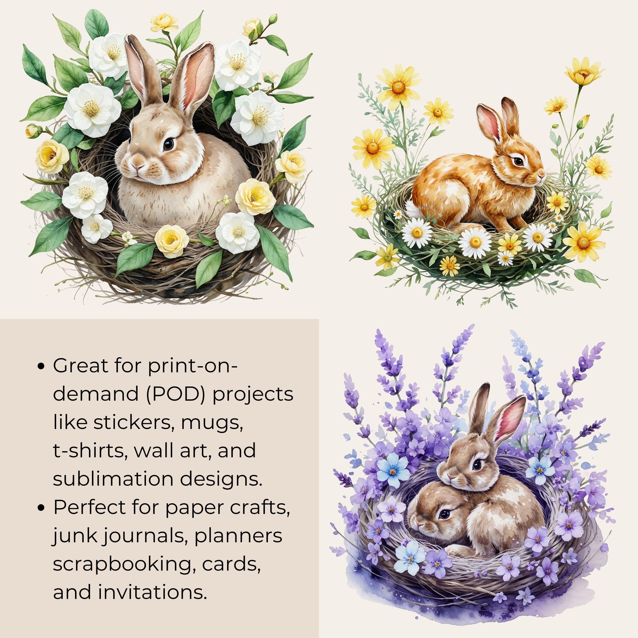Watercolor Bunny Floral Clipart Bundle, Spring Nest Graphics (16 PNG ...