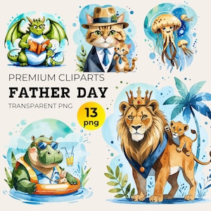 Bundle de cliparts fête des pères animaux, animaux aquarelles drôles PNG pour travaux manuels de chambre d'enfant, cadeaux pour papa et cartes, conception d'ours en peluche des bois imprimable