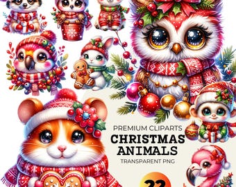 May include: A selection of Christmas animal clip art in transparent PNG format. The image showcases various animals, such as an owl, a hamster, and a flamingo, all dressed in festive winter clothing. The animals are wearing hats, scarves, and holding holiday-themed items.