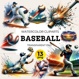 Könnte beinhalten: Aquarell-Clipart-Set mit Baseball-Illustrationen. Enthält Bilder von Spielern, sich bewegenden Basebällen, Schlägern und Stadionszenen. Der Text "WATERCOLOR CLIPARTS BASEBALL TRANSPARENT PNG" ist ebenfalls enthalten.