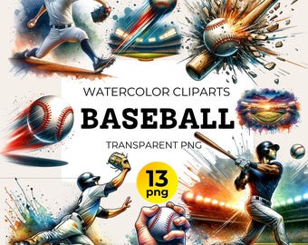 Watercolor Baseball Clipart Set: Sports Illustrations (PNG Digital Download)