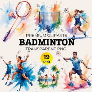 Badminton Clipart Bundle, Watercolor Sport Lover PNG for Printable Gift, Racket Art & T-Shirt Designs, Gift for Badminton Mom Player Fan PNG