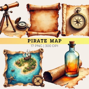 May include: A collection of pirate-themed digital assets including a brass telescope on a tripod, a vintage compass, aged parchment scrolls, a map depicting an island with a ship, and a glass bottle with a cork stopper. Text reads PIRATE MAP 17 PNG 300 DPI.