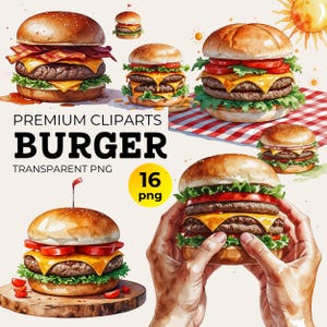 Hamburger clipartbundel, aquarel food Art png voor junkfood ambachten, fastfood illustraties, afdrukbare cheeseburger ontwerpen, foodie art png