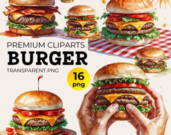 Clipart di hamburger ad acquerello: pacchetto PNG di cheeseburger (download digitale)