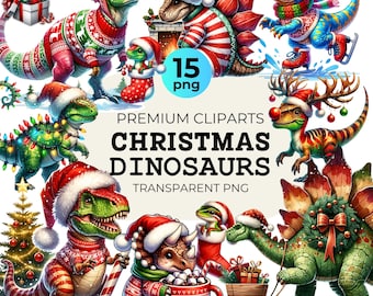 May include: A collection of Christmas-themed dinosaur clip art. The dinosaurs are depicted in festive attire, including Santa hats and sweaters. The image includes the text "Christmas Dinosaurs" and "15 png".
