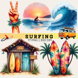 May include: A digital collection of surfing-themed illustrations including a hand making a peace sign, a sunset surfer, a large ocean wave, an orange van, a wooden beach hut with surfboards, and two floral surfboards with palm trees.