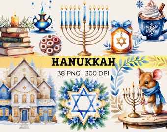 May include: Watercolor illustration with Hanukkah theme. Features a menorah with blue candles, a jar with a Star of David, a mug of hot chocolate, a mouse, and a house. The word "HANUKKAH" is displayed.