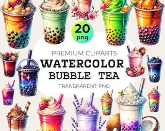 Watercolor Bubble Tea Clipart: 20 PNG Boba Tea Illustrations (Commercial Use)