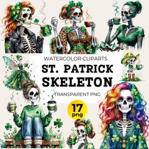 Op de afbeelding: Waterverf clipart set van 17 St. Patricks Day skelet illustraties. De skeletten zijn gekleed in groene en gouden kleding en hebben klavertjevier accenten. De set bevat een skelet dat een kopje koffie vasthoudt, een skelet dat een bierpul vasthoudt, een skelet dat een groene jurk draagt en een skelet dat een groene hoed draagt.