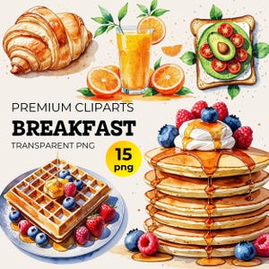 Watercolor Breakfast Clipart for Craft Scrapbook & Junk Journal,Donut Pancake Croissant Clipart Sandwich Waffle Clipart Bacon Clipart Bundle